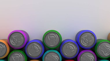 Beyaz arka plan üzerinde büyük renkli soda kutular. İçecek mockup. Bira veya içecek teneke paketi. 3D render illüstrasyon