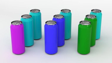 Beyaz arka plan üzerinde renkli soda kutular, ham. İçecek mockup. Bira veya içecek teneke paketi. 3D render illüstrasyon