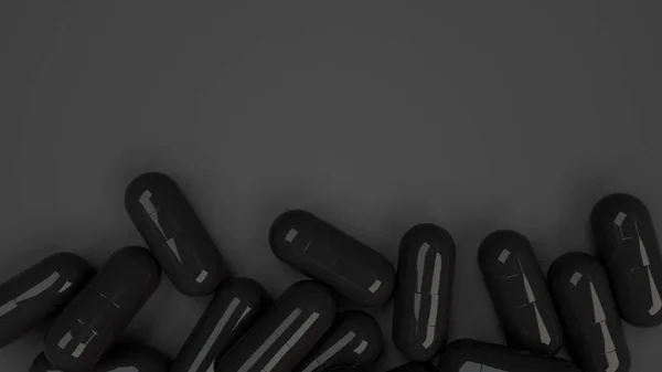 Pile Black Medicine Capsules Black Background Medical Healthcare Pharmacy Concept — Stock Photo, Image
