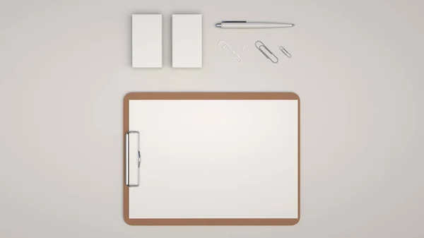 Klembord Met Wit Vel Papier Visitekaartjes Paperclips Automatische Balpen Witte — Stockfoto
