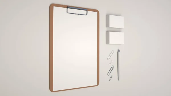 Klembord Met Wit Vel Papier Visitekaartjes Paperclips Automatische Balpen Witte — Stockfoto