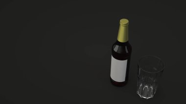 Uzun kahverengi bira şişe boş beyaz etikel ve siyah arka plan üzerine boş bir bardak 0,5 l kadar alay. Tasarım veya marka şablonu. 3D render illüstrasyon