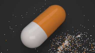 Siyah arka plan üzerinde renkli ilaç kapsül. Tıbbi ya da eczane konsepti. 3D render illüstrasyon