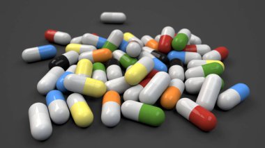 Siyah arka plan üzerinde renkli ilaç kapsül yığını. Tıp, sağlık veya eczane konsepti. 3D render illüstrasyon