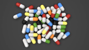 Siyah arka plan üzerinde renkli ilaç kapsül yığını. Tıp, sağlık veya eczane konsepti. 3D render illüstrasyon
