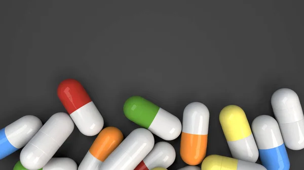 一堆五颜六色的药胶囊在黑色背景 医疗或药学的概念 渲染插图 — 图库照片