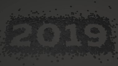 siyah arka plan üzerine siyah konfeti imal 2019 numarası. 2019 yeni yıl işareti. 3D render illüstrasyon