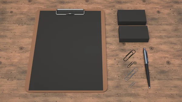 Clipboard with black sheet of paper, business cards, paper clips and automatic ballpoint pen on wooden table. Branding mockup. 3D rendering illustration.