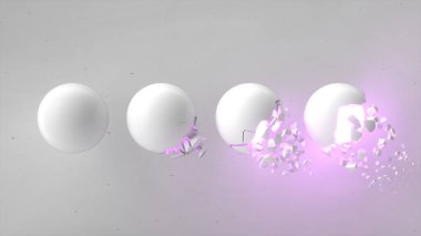 Kırık beyaz küre içinde mor kızdırma ve beyaz zemin üzerine düşen parçaları ile. İmha kavramı. 3D render illüstrasyon soyut. 