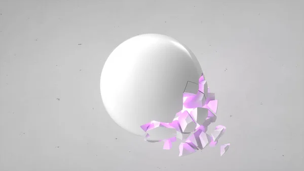 Перелом Белой Сферы Фиолетовым Свечением Внутри Падающие Куски Белом Фоне — стоковое фото
