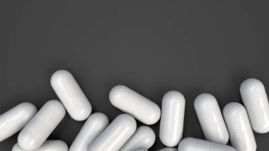 Siyah arka plan üzerine beyaz ilaç kapsül yığını. Tıp, sağlık veya eczane konsepti. 3D render illüstrasyon