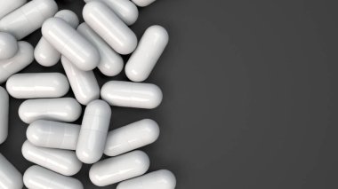 Siyah arka plan üzerine beyaz ilaç kapsül yığını. Tıp, sağlık veya eczane konsepti. 3D render illüstrasyon