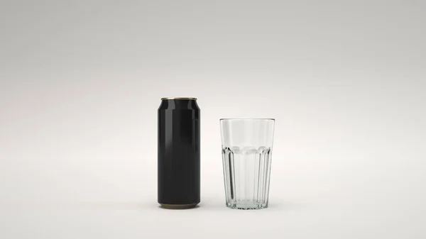 模拟高大的黑啤酒可以 和一个空玻璃在白色的背景 设计或品牌模板 渲染插图 — 图库照片