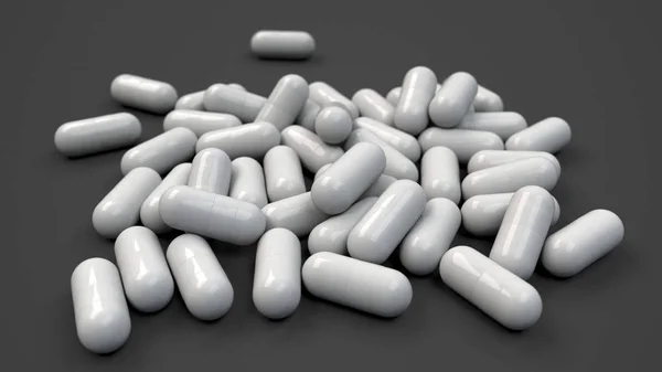 成堆的白色药物胶囊在黑色背景 医疗或药房概念 渲染插图 — 图库照片