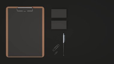 Pano kağıt, kartvizit, ataç ve otomatik tükenmez kalem siyah arka plan üzerine siyah levha ile. Mockup marka. 3D render illüstrasyon.