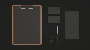 Pano kağıt, kartvizit, panelli broşür, ataç ve otomatik tükenmez kalem siyah arka plan üzerine siyah levha ile. Mockup marka. 3D render illüstrasyon.