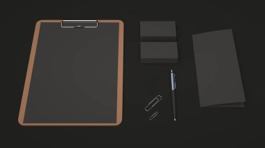 Pano kağıt, kartvizit, panelli broşür, ataç ve otomatik tükenmez kalem siyah arka plan üzerine siyah levha ile. Mockup marka. 3D render illüstrasyon.