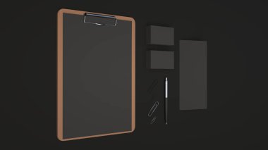 Pano kağıt, kartvizit, panelli broşür, ataç ve otomatik tükenmez kalem siyah arka plan üzerine siyah levha ile. Mockup marka. 3D render illüstrasyon.