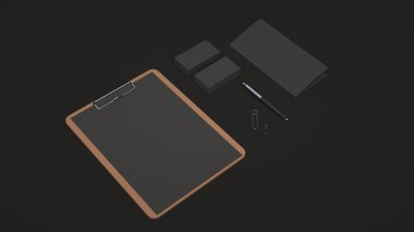 Pano kağıt, kartvizit, panelli broşür, ataç ve otomatik tükenmez kalem siyah arka plan üzerine siyah levha ile. Mockup marka. 3D render illüstrasyon.
