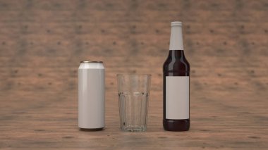 Uzun kahverengi bira şişesi boş beyaz etikel, beyaz alüminyum can ile 0,5 l ve ahşap yüzey üzerinde boş bir bardak kadar alay. Tasarım veya marka şablonu. 3D render illüstrasyon