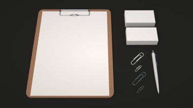 Pano kağıt, kartvizit, ataç ve otomatik tükenmez kalem siyah arka plan üzerine beyaz levha ile. Mockup marka. 3D render illüstrasyon.