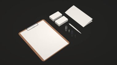 Pano kağıt, kartvizit, panelli broşür, ataç ve otomatik tükenmez kalem siyah arka plan üzerine beyaz levha ile. Mockup marka. 3D render illüstrasyon.