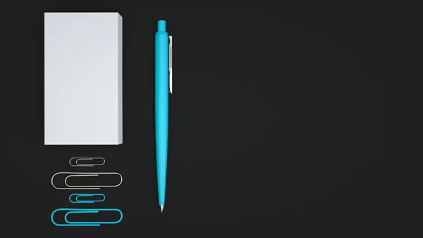 Tarjetas Visita Blancas Clips Papel Bolígrafo Automático Azul Aislado Sobre — Foto de Stock