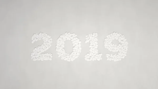 白い背景に白い紙吹雪から作られた 2019年数です 2019 年の標識です レンダリング図 — ストック写真