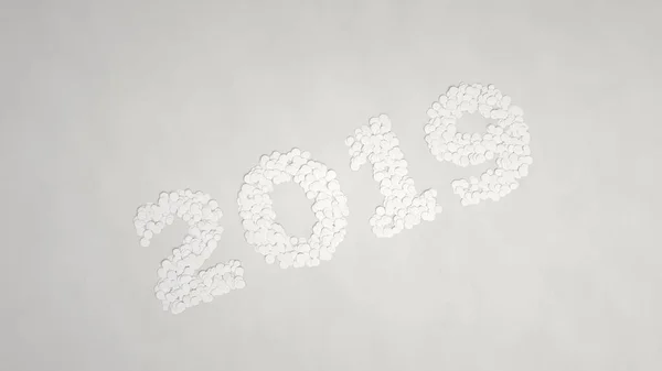 白い背景に白い紙吹雪から作られた 2019年数です 2019 年の標識です レンダリング図 — ストック写真