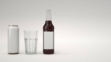 Uzun kahverengi bira şişesi boş beyaz etikel, beyaz alüminyum can ile 0,5 l ve beyaz arka plan üzerinde boş bir bardak kadar alay. Tasarım veya marka şablonu. 3D render illüstrasyon