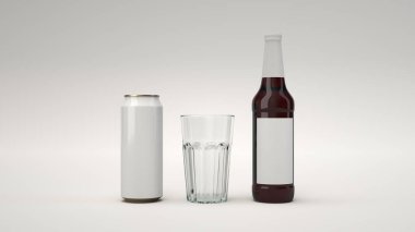 Uzun kahverengi bira şişesi boş beyaz etikel, beyaz alüminyum can ile 0,5 l ve beyaz arka plan üzerinde boş bir bardak kadar alay. Tasarım veya marka şablonu. 3D render illüstrasyon