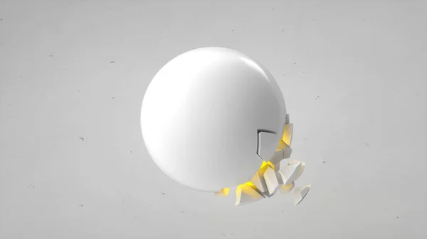 Fractured White Sphere Yellow Glow Falling Pieces White Background Concept — Stock Photo, Image