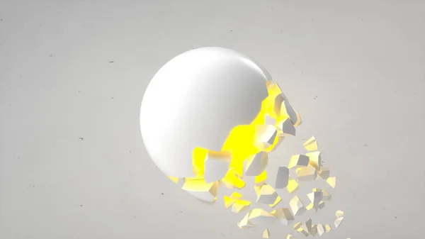 Fractured White Sphere Yellow Glow Falling Pieces White Background Concept — Stock Photo, Image