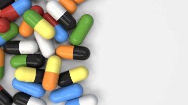Beyaz arka plan üzerinde renkli ilaç kapsül yığını. Tıp, sağlık veya eczane konsepti. 3D render illüstrasyon