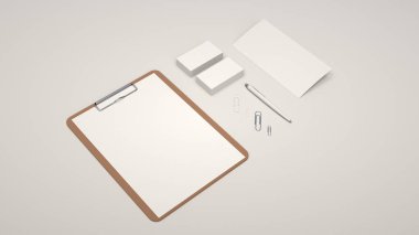 Pano kağıt, kartvizit, panelli broşür, ataç ve otomatik tükenmez kalem beyaz arka plan üzerinde beyaz levha ile. Mockup marka. 3D render illüstrasyon.