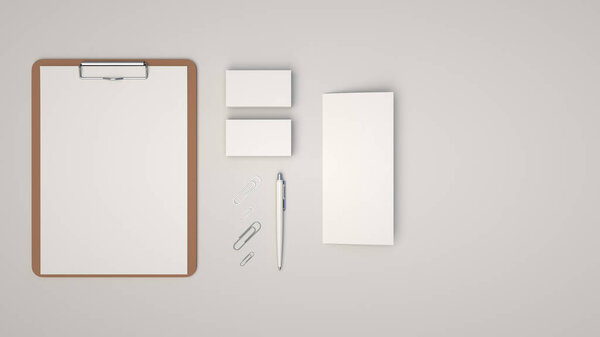 Clipboard with white sheet of paper, business cards, trifold leaflet, paper clips and automatic ballpoint pen on white background. Branding mockup. 3D rendering illustration.