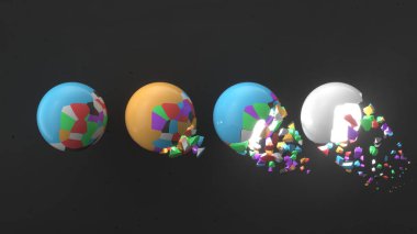 İçinde beyaz bir parlaklık ve siyah arka plan üzerine düşen parçaları ile kırık renkli Küre. İmha kavramı. 3D render illüstrasyon soyut. 