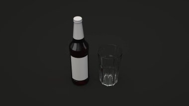 Uzun kahverengi bira şişe boş beyaz etikel ve siyah arka plan üzerine boş bir bardak 0,5 l kadar alay. Tasarım veya marka şablonu. 3D render illüstrasyon