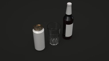 Uzun kahverengi bira şişesi boş beyaz etikel, beyaz alüminyum can ile 0,5 l ve siyah arka plan üzerine boş bir bardak kadar alay. Tasarım veya marka şablonu. 3D render illüstrasyon