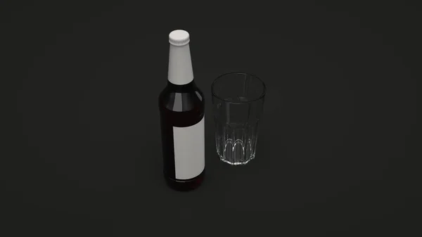 Maquette Grande Bouteille Bière Brune Avec Table Blanche Vierge Verre — Photo