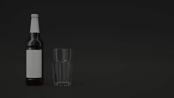 Maquette Grande Bouteille Bière Brune Avec Table Blanche Vierge Verre — Photo