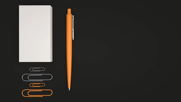 Witte Visitekaartjes Paperclips Oranje Automatische Balpen Geïsoleerd Zwarte Achtergrond Blanco — Stockfoto