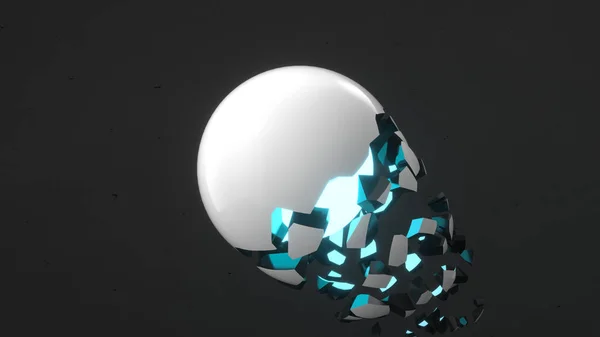 Fractured White Sphere Blue Glow Falling Pieces Black Background Concept — Stock Photo, Image