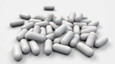Beyaz arka plan üzerinde beyaz ilaç kapsül yığını. Tıp, sağlık veya eczane konsepti. 3D render illüstrasyon