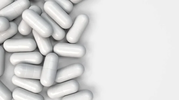 成堆的白色药物胶囊在白色背景 医疗或药房概念 渲染插图 — 图库照片
