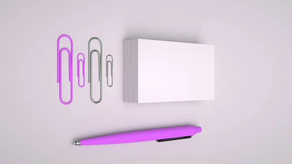 White business cards, paper clips and purple automatic ballpoint pen isolated on white background. Blank paper mockup. 3D rendering illustration.