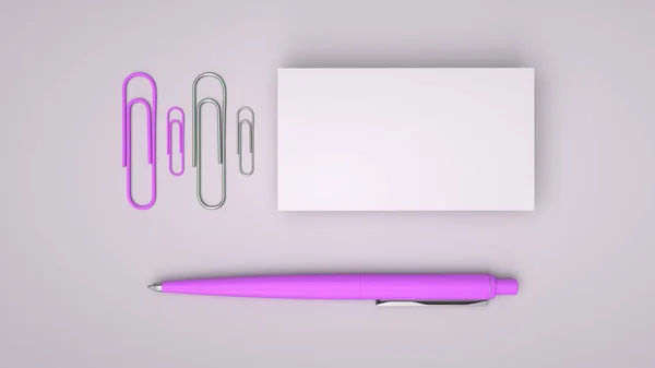 White Business Cards Paper Clips Purple Automatic Ballpoint Pen Isolated — Stock Photo, Image