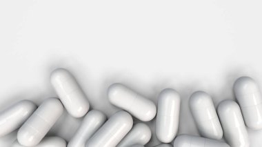 Beyaz arka plan üzerinde beyaz ilaç kapsül yığını. Tıp, sağlık veya eczane konsepti. 3D render illüstrasyon