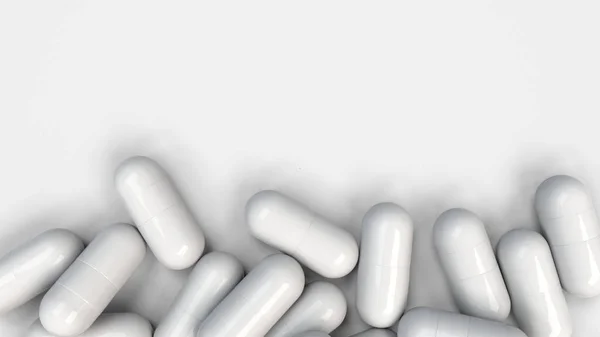 成堆的白色药物胶囊在白色背景 医疗或药房概念 渲染插图 — 图库照片