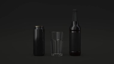 Uzun kahverengi bira şişesi boş siyah etikel, siyah alüminyum can ile 0,5 l ve siyah arka plan üzerine boş bir bardak kadar alay. Tasarım veya marka şablonu. 3D render illüstrasyon